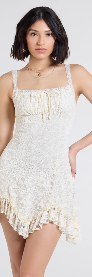 Soak up the season in the Desert Sun Lace Ruffle Mini Dress, a ivory sundress styled for easy days, outdoor plans, and everything in between.