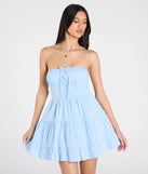Feel confident and photo-ready in the Caught Your Eye Strapless Lace-Up Skater Dress, a light blue graduation dress perfect for 2025 ceremonies and parties.