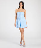 Shine with confidence, elegance, and standout style in the Caught Your Eye Strapless Lace-Up Skater Dress—a light blue graduation dress designed with a fresh silhouette and the latest trends.