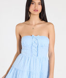 Feel confident and photo-ready in the Caught Your Eye Strapless Lace-Up Skater Dress, a light blue graduation dress perfect for 2025 ceremonies and parties.