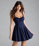 Shine with confidence, elegance, and standout style in the Ray Of Beauty Lace-Up Corset Skater Dress—a navy blue graduation dress designed with a fresh silhouette and the latest trends.