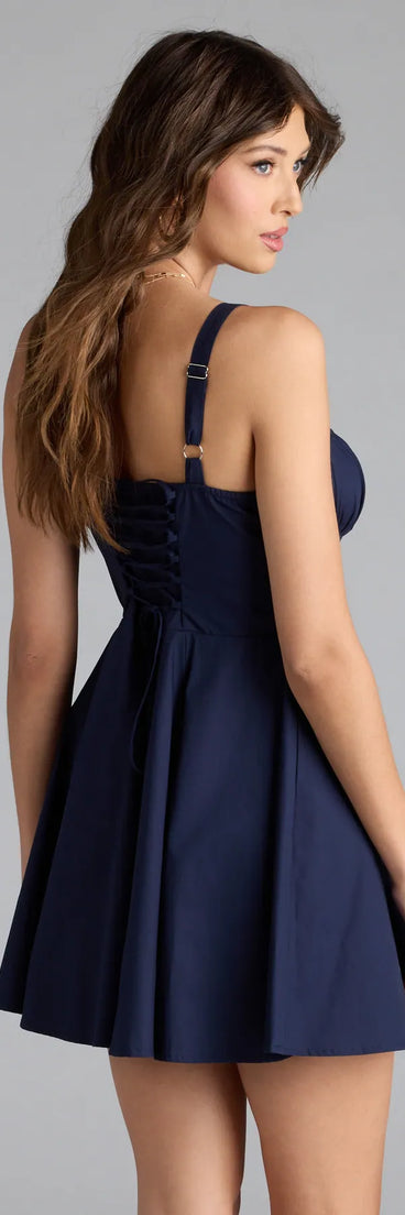 Shine with confidence, elegance, and standout style in the Ray Of Beauty Lace-Up Corset Skater Dress—a navy blue graduation dress designed with a fresh silhouette and the latest trends.