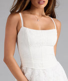 Shine with confidence, elegance, and standout style in the Sweet Lace-Up Cutout Eyelet Skater Dress—a white graduation dress designed with a fresh silhouette and the latest trends.