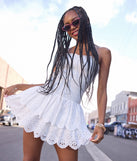 Always Sunny Strapless Ruffle Eyelet Mini Dress
