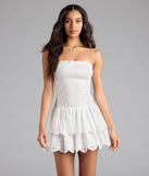 Shine with confidence, elegance, and standout style in the Always Sunny Strapless Ruffle Eyelet Mini Dress—a white graduation dress designed with a fresh silhouette and the latest trends.