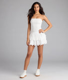 Shine with confidence, elegance, and standout style in the Always Sunny Strapless Ruffle Eyelet Mini Dress—a white graduation dress designed with a fresh silhouette and the latest trends.