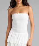 Shine with confidence, elegance, and standout style in the Always Sunny Strapless Ruffle Eyelet Mini Dress—a white graduation dress designed with a fresh silhouette and the latest trends.