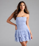 Shine with confidence, elegance, and standout style in the Always Sunny Strapless Ruffle Eyelet Mini Dress—a light blue graduation dress designed with a fresh silhouette and the latest trends.
