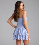 Shine with confidence, elegance, and standout style in the Always Sunny Strapless Ruffle Eyelet Mini Dress—a light blue graduation dress designed with a fresh silhouette and the latest trends.