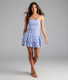 Shine with confidence, elegance, and standout style in the Always Sunny Strapless Ruffle Eyelet Mini Dress—a light blue graduation dress designed with a fresh silhouette and the latest trends.