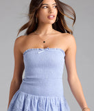 Shine with confidence, elegance, and standout style in the Always Sunny Strapless Ruffle Eyelet Mini Dress—a light blue graduation dress designed with a fresh silhouette and the latest trends.