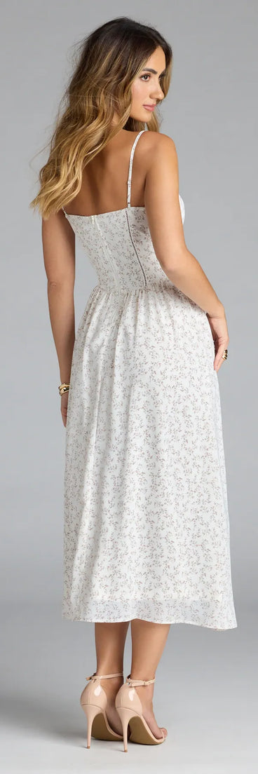 The Dreaming Of You Floral A-Line Midi Dress in white features a flattering fit and mid-calf hem, redefining effortless midi dresses for any occasion.