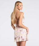 The Touch Of Shimmer Lace-Up Floral Sequin Mini Dress in natural brings sleek style to any graduation outfit, from cap and gown to after-party.