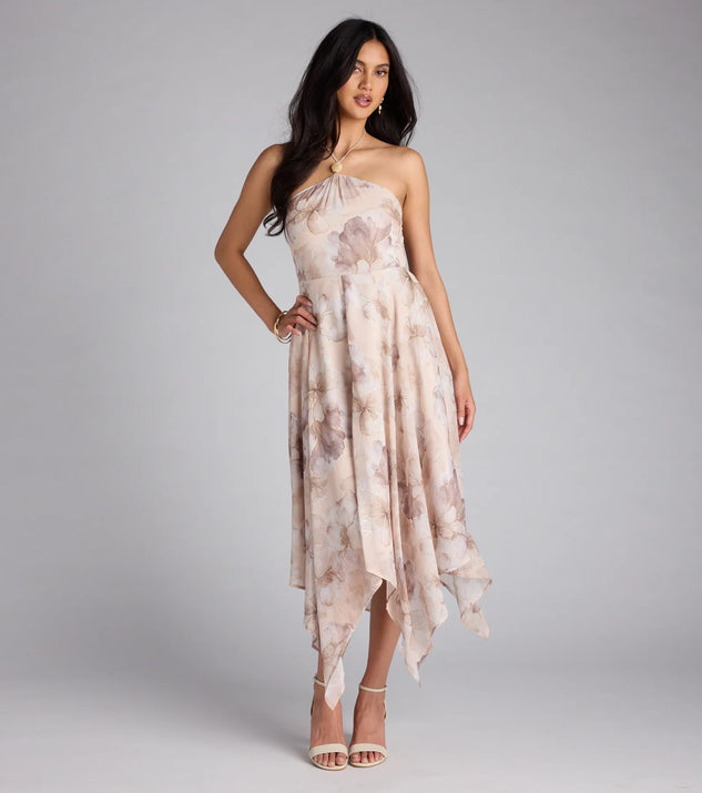 Soak up the season in the Blossomed Babe Floral Halter Midi Dress, a taupe sundress styled for easy days, outdoor plans, and everything in between.