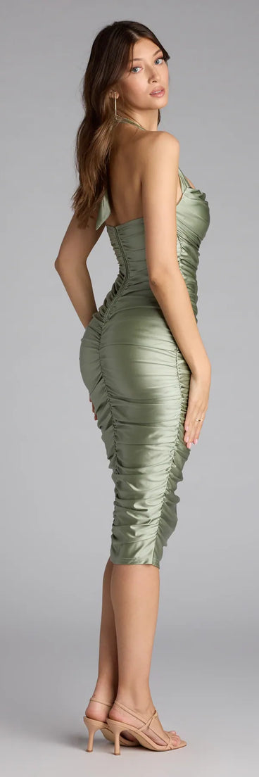 The Serve Curves and Class Cowl Neck Midi Dress in sage green features a flattering fit and mid-calf hem, redefining effortless midi dresses for any occasion.