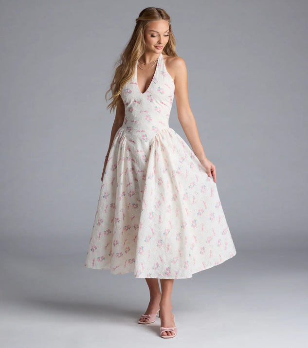Step into milestone moments with the Sunny Daze Charm Halter V-Neck Floral A-Line Midi Dress, a standout in ivory dresses perfect for birdal showers, Easter celebrations, and 2025 grad looks.