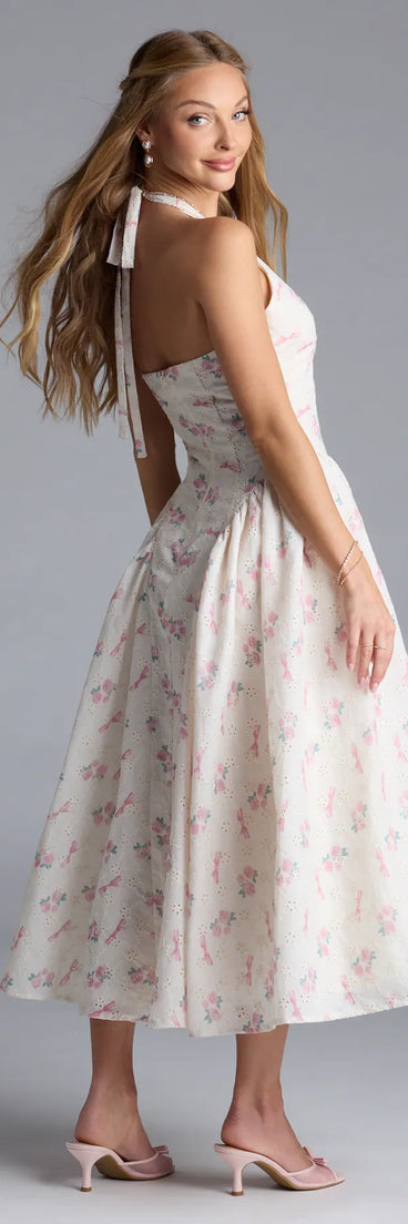 Step into milestone moments with the Sunny Daze Charm Halter V-Neck Floral A-Line Midi Dress, a standout in ivory dresses perfect for birdal showers, Easter celebrations, and 2025 grad looks.