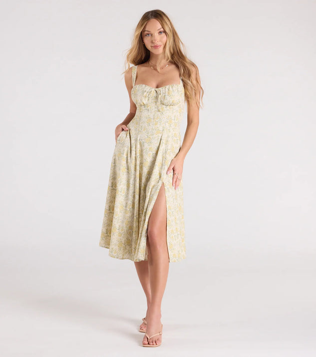 Feel instantly put-together in the Pretty Day Corset Floral Midi Dress With Pockets in natural, a summer wedding guest dress designed for confident style and all-out celebration.