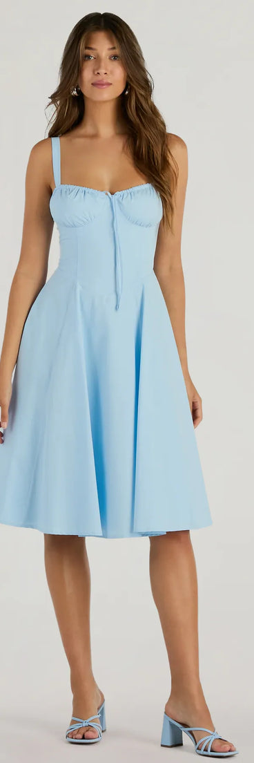 Feel confident and photo-ready in the Picturesque Cutie Corset Lace-Up A-Line Midi Dress, a light blue graduation dress perfect for 2025 ceremonies and parties.