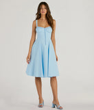 Feel confident and photo-ready in the Picturesque Cutie Corset Lace-Up A-Line Midi Dress, a light blue graduation dress perfect for 2025 ceremonies and parties.