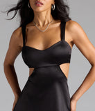 Step into summer looking effortlessly chic in the Breathtaking View Lace Up A-Line Satin Mini Dress in black, a must-have Windsor dress for your warm-weather wardrobe.