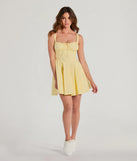 Make a bold statement in the Ray Of Beauty Lace-Up Corset Skater Dress in yellow, the perfect spring dress for weddings, cocktail hours, nights out, and/or seasonal celebrations.