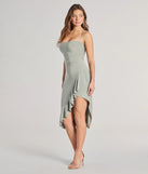 Celebrate the special day in the All Ruffled Up Bodycon Ruffle Midi Dress, a sage green country wedding guest dress with soft, romantic details that blend charm and sophistication.