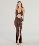 Make a bold statement in the Showstopper Cutout Ruffle Slit Maxi Dress in brown, the perfect spring dress for weddings, cocktail hours, nights out, and/or seasonal celebrations.