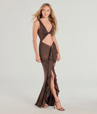Flaunt your silhouette in the tight Showstopper Cutout Ruffle Slit Maxi Dress in brown, a bodycon dress that empowers your look with bold style and effortless edge.