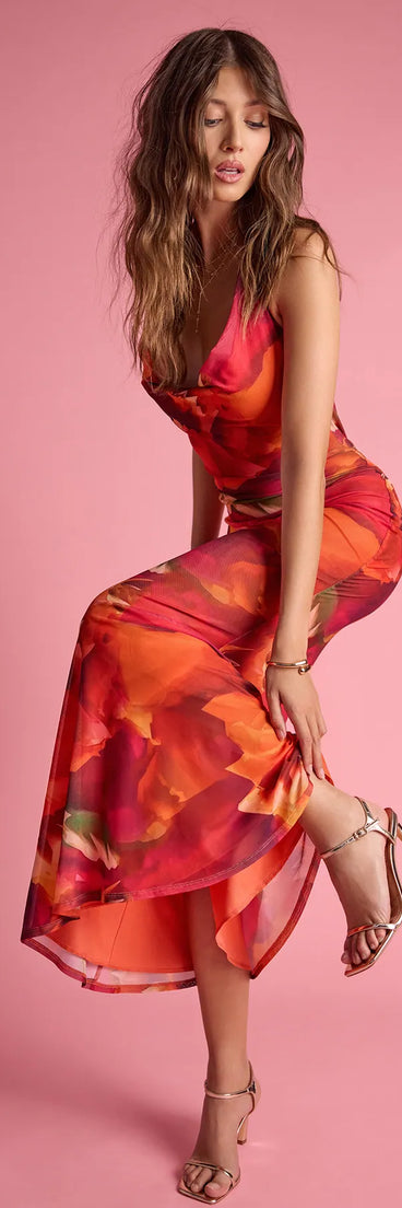 Soak up the season in the Island Style Tropical Halter Mesh Maxi Dress, a orange sundress styled for easy days, outdoor plans, and everything in between.