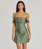 Shine with confidence, elegance, and standout style in the Classics Lover Off-The-Shoulder Satin A-Line Mini Dress—a sage green graduation dress designed with a fresh silhouette and the latest trends.