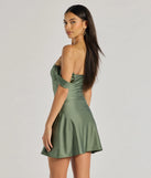 Classics Lover Off-The-Shoulder Satin A-Line Mini Dress, a trendy sage green mini dress featuring modern details and a fresh seasonal hue, perfect for creating chic 2025 looks.