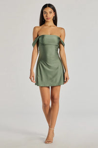 always celebrating dark green satin off-the-shoulder mini dress Red Satin Off The Shoulder Short Homecoming Dress Green / 10