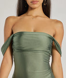 Classics Lover Off-The-Shoulder Satin A-Line Mini Dress, a trendy sage green mini dress featuring modern details and a fresh seasonal hue, perfect for creating chic 2025 looks.