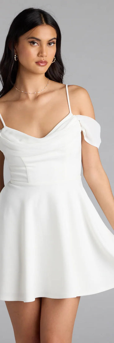 Shine with confidence, elegance, and standout style in the Sweet Touch Cold Shoulder Crepe Skater Dress—a ivory graduation dress designed with a fresh silhouette and the latest trends.
