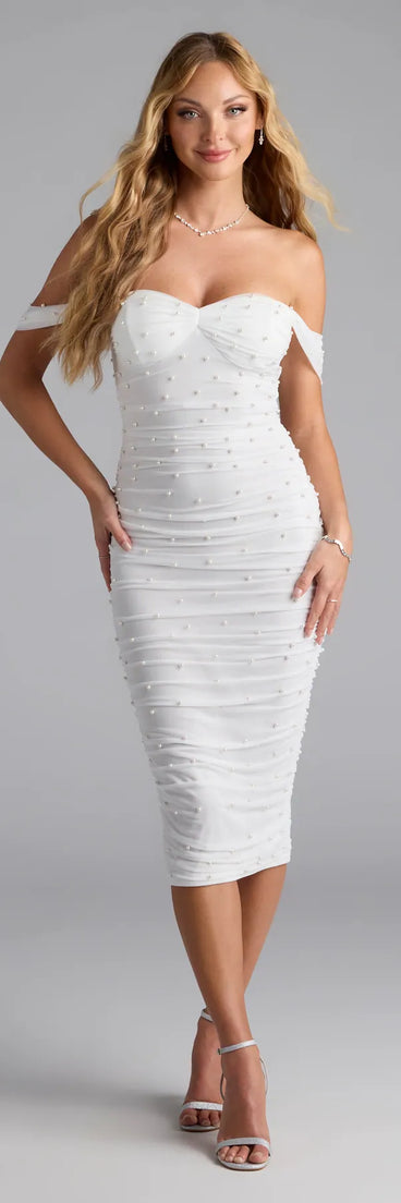 Own the evening in the Classy Perfection Off-The-Shoulder Pearl Midi Dress in white, a fall cocktail dress perfect for rooftop parties and stylish soirées.