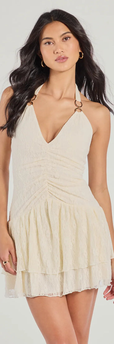 Flirtatious Scene Halter Lace Skater Dress, a trendy ivory mini dress featuring modern details and a fresh seasonal hue, perfect for creating chic 2025 looks.