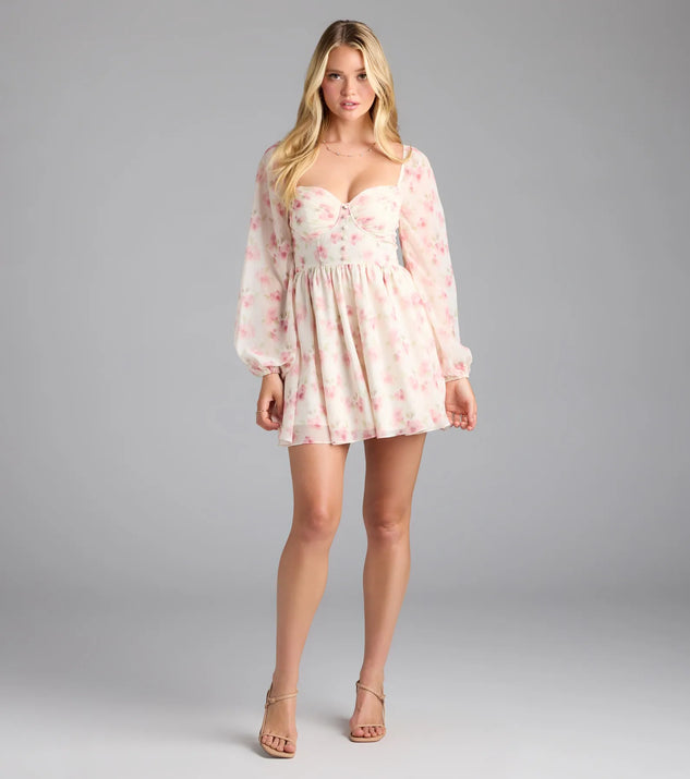 ララピール Elevated Outing Floral Long Sleeve Chiffon Skater Dress