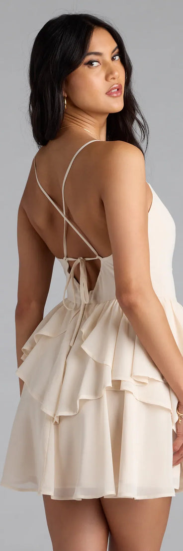 Shine with confidence, elegance, and standout style in the Fairytale Daze Strappy Back Chiffon Skater Dress—a ivory graduation dress designed with a fresh silhouette and the latest trends.