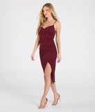 Make a bold statement in the Glittering Icon V-Neck Bodycon Midi Dress in burgundy, the perfect spring dress for weddings, cocktail hours, nights out, and/or seasonal celebrations.