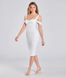 The Stylish Soiree Cold Shoulder Midi Dress in white brings sleek style to any graduation outfit, from cap and gown to after-party.