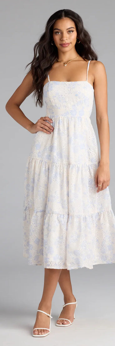 Shine with confidence, elegance, and standout style in the My Cute Side Tie-Back Floral Eyelet Midi Dress—a white graduation dress designed with a fresh silhouette and the latest trends.