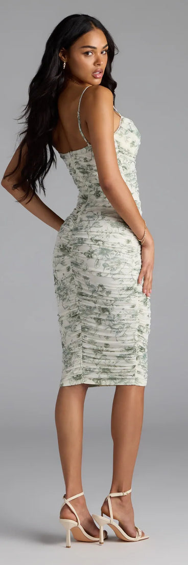 Own the evening in the Garden Stroll Floral Mesh Midi Dress in ivory, a sexy cocktail dress perfect for rooftop parties and stylish soirées.