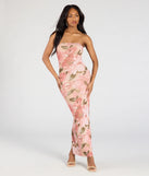 Celebrate the special day in the Major Beauty Floral Satin Strapless Maxi Dress, a natural country wedding guest dress with soft, romantic details that blend charm and sophistication.