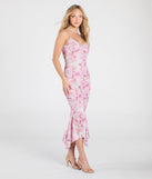 Make a bold statement in the Bloom With A View Floral Ruffle Midi Dress in mauve, the perfect summer dress for weddings, cocktail hours, nights out, and/or seasonal celebrations.