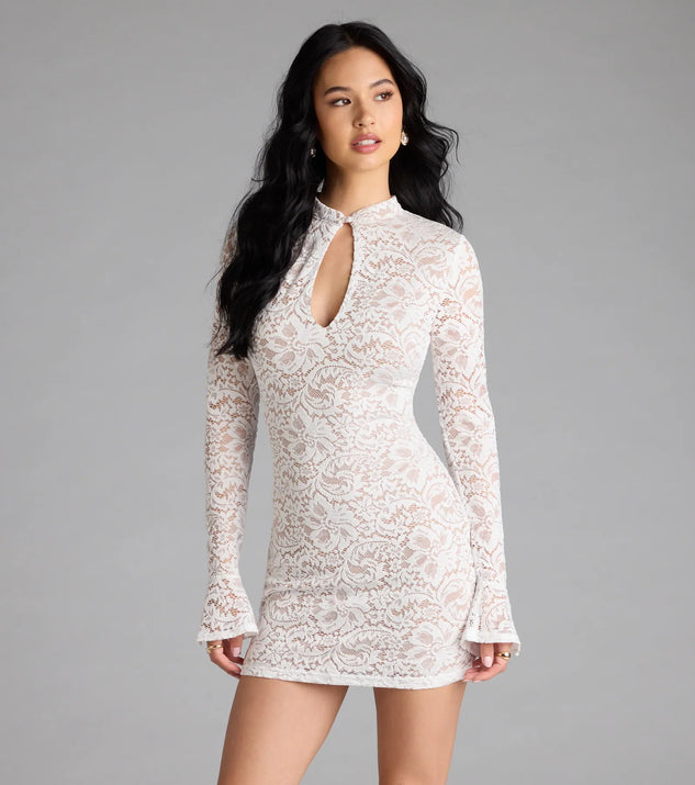 Flaunt your silhouette in the tight Looking Lovely Lace Bell Sleeve Mini Dress in white, a bodycon dress that empowers your look with bold style and effortless edge.