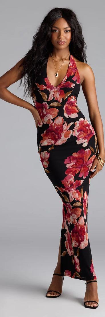 Feel instantly put-together in the Gorgeous Soul Floral Halter Bodycon Maxi Dress in black, a summer wedding guest dress designed for confident style and all-out celebration.