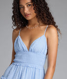 Feel confident and photo-ready in the Subtle Grace V-Neck Polka Dot Chiffon Skater Dress, a light blue graduation dress perfect for 2025 ceremonies and parties.