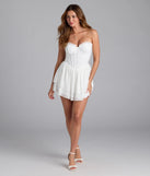 Step into summer looking effortlessly chic in the Dream Date Strapless Lace Corset Skater Dress in white, a must-have Windsor dress for your warm-weather wardrobe.