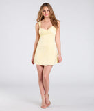 Make a bold statement in the Always A Celebration Tie-Back Satin A-Line Mini Dress in yellow, the perfect spring dress for weddings, cocktail hours, nights out, and/or seasonal celebrations.